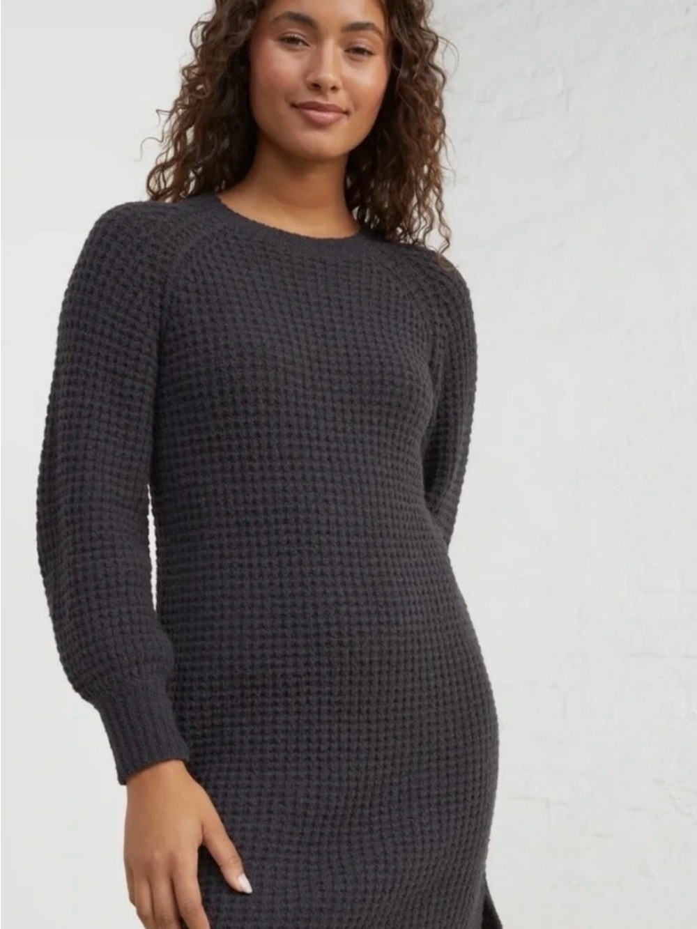 UpWest Waffle-Knit Crewneck Sweater Dress - Charcoal